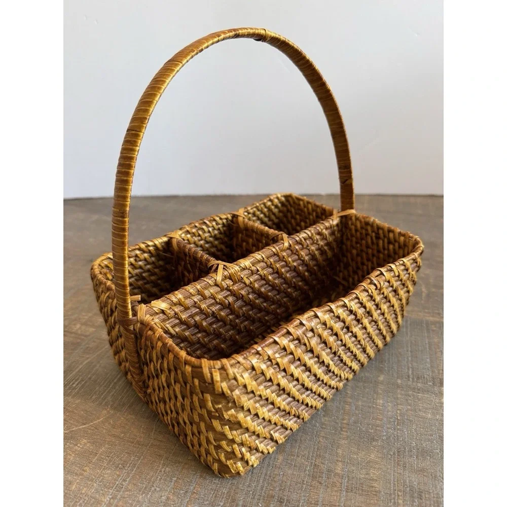 Vintage Rattan Utensil Caddy With Handle